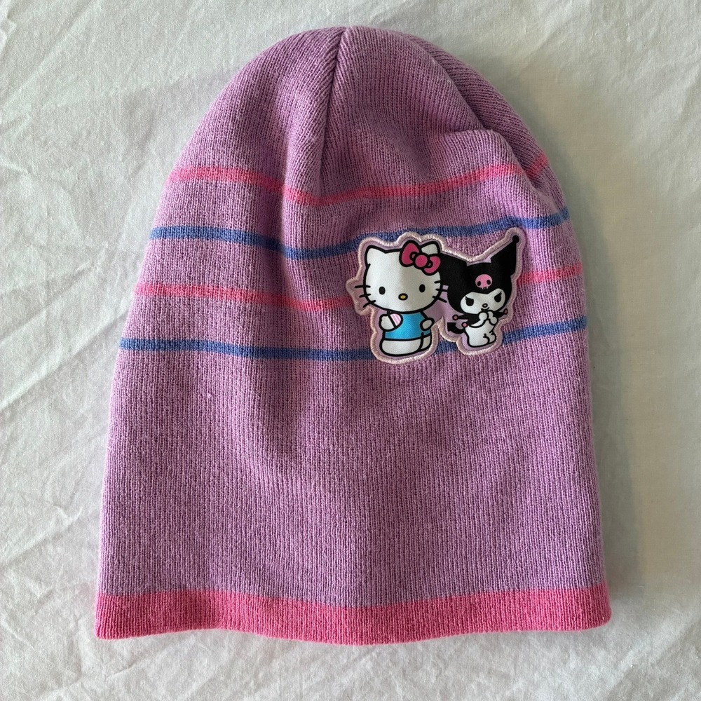 Sanrio Hello Kitty Kuromi Striped Knit Beanie Purple Pink Blue Character Hat